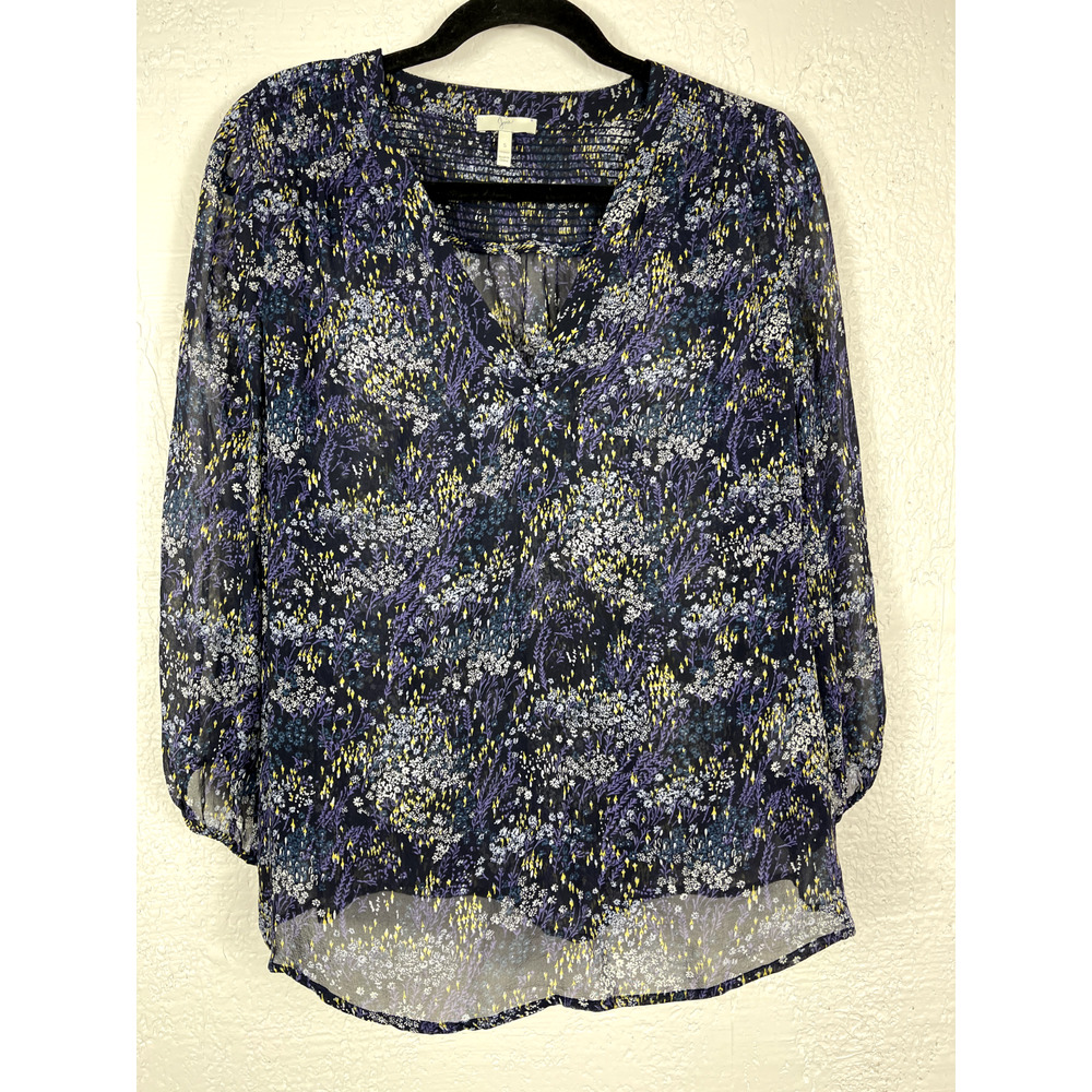Joie Dark Floral Top Silk V-neck 3/4 Sleeve Black Blue Size Small Smocked